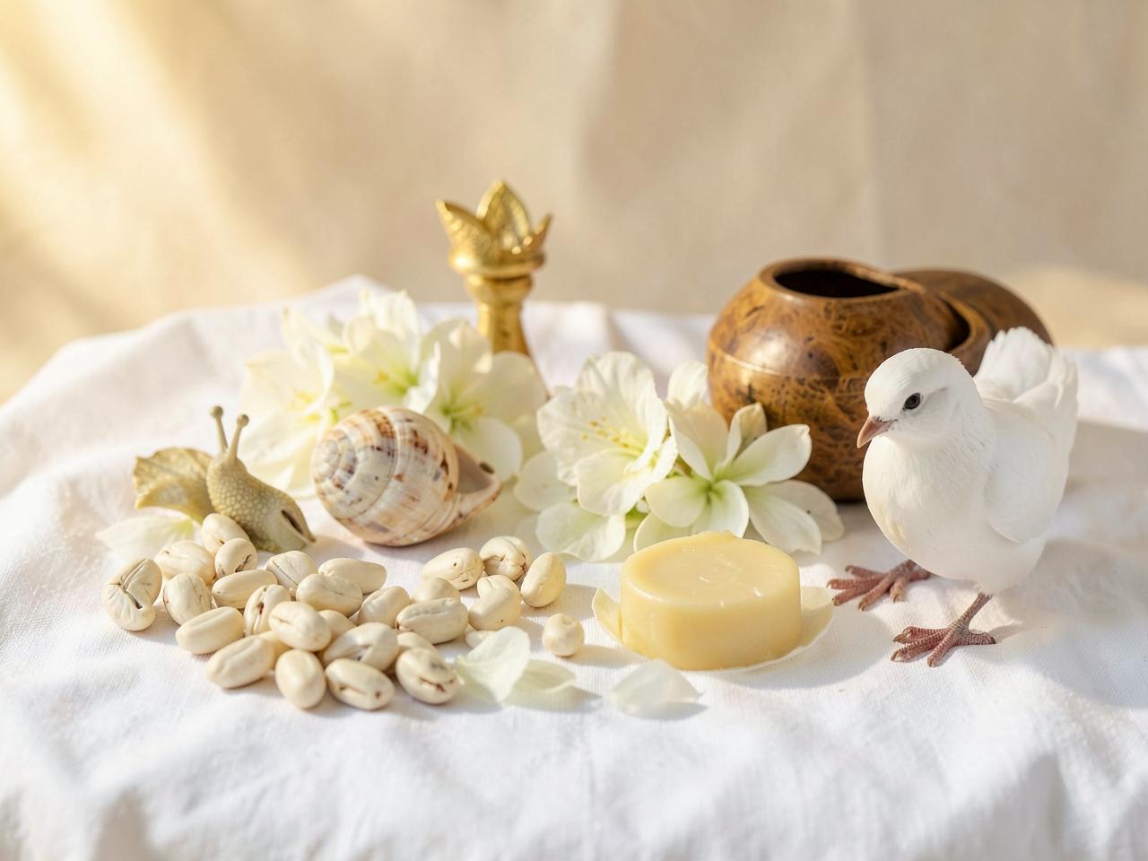 White offerings of kola, snail and shea butter presented at the shrine