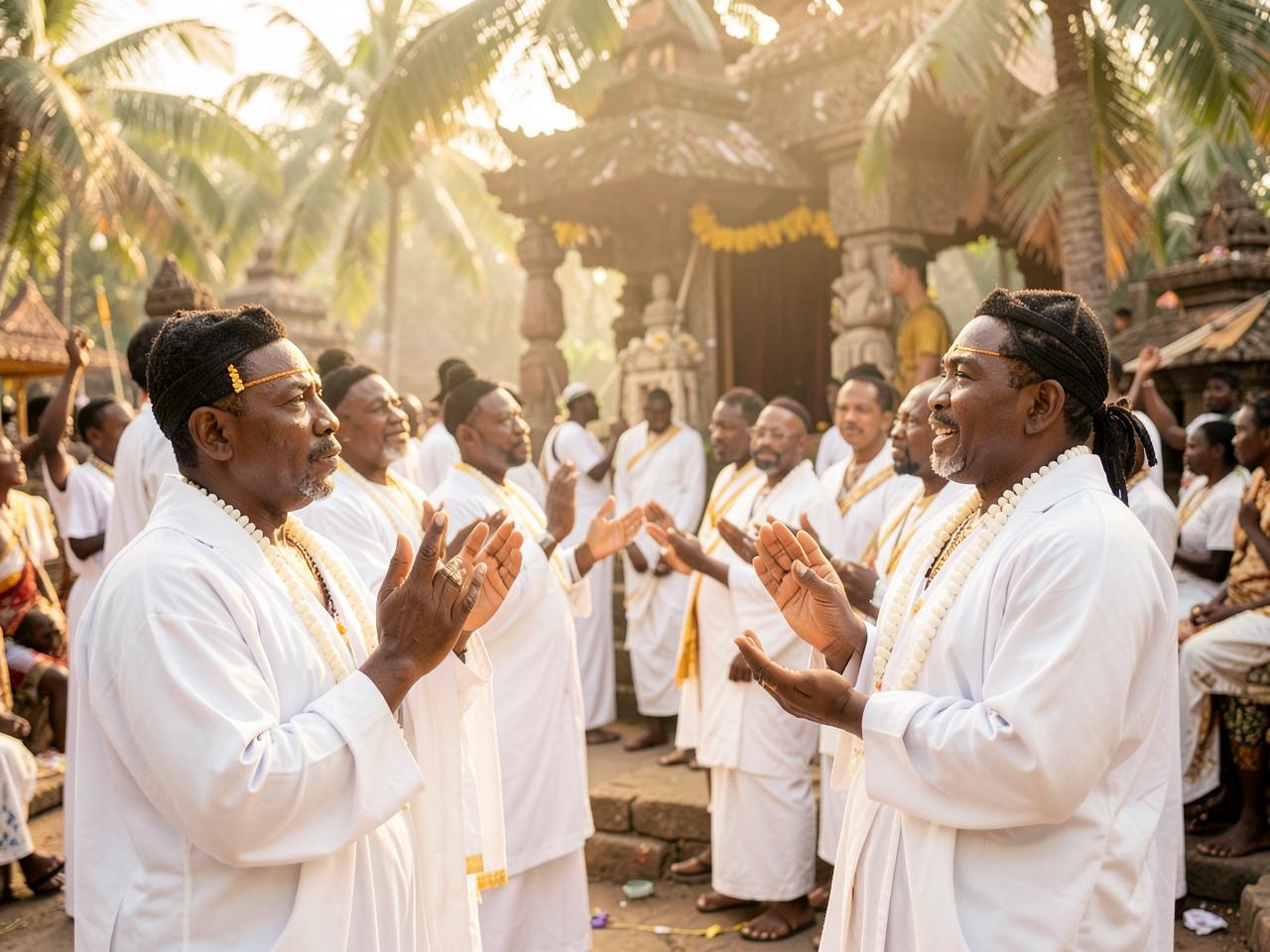 Priests of Obàtálá in white robes at the shrine